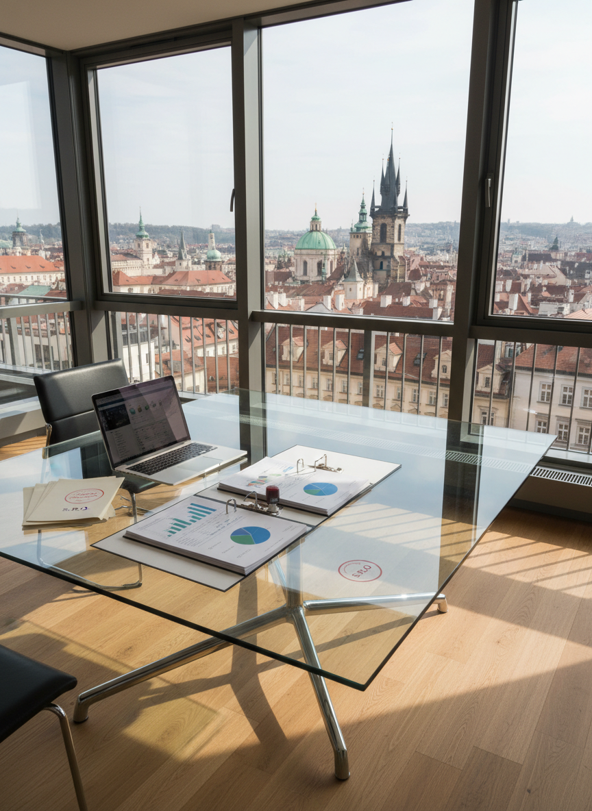 A sleek glass conference table with a polished chrome frame stands in the center of a modern office overlooking the historic rooftops and spires of Prague. Neatly arranged on the table are open binders with financial charts, a slim silver laptop displaying a clean dashboard, and a small stack of neatly stamped company registration documents labeled “S.R.O.” The room is bathed in soft natural daylight from floor-to-ceiling windows, creating gentle reflections on the glass surface and subtle shadows on the light oak floor. Shot at eye level with photographic realism and sharp focus throughout, the composition uses the rule of thirds to balance the cityscape backdrop with the organized workspace, conveying a professional, trustworthy, and international business atmosphere.